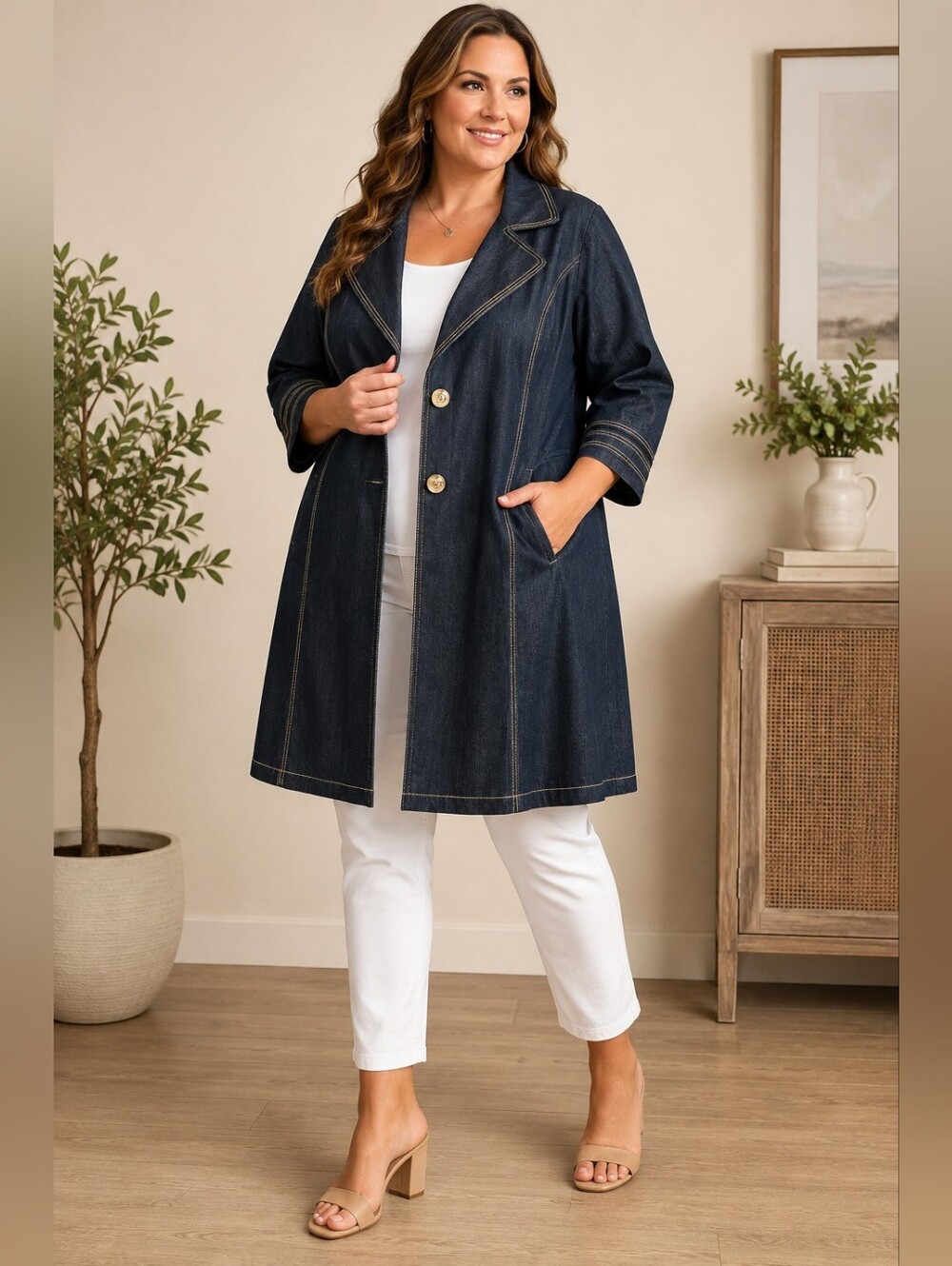 LIZ & ME 2X - 3X Denim Long Duster Jacket Dark Wash Stretch Plus Size 56 Chest
